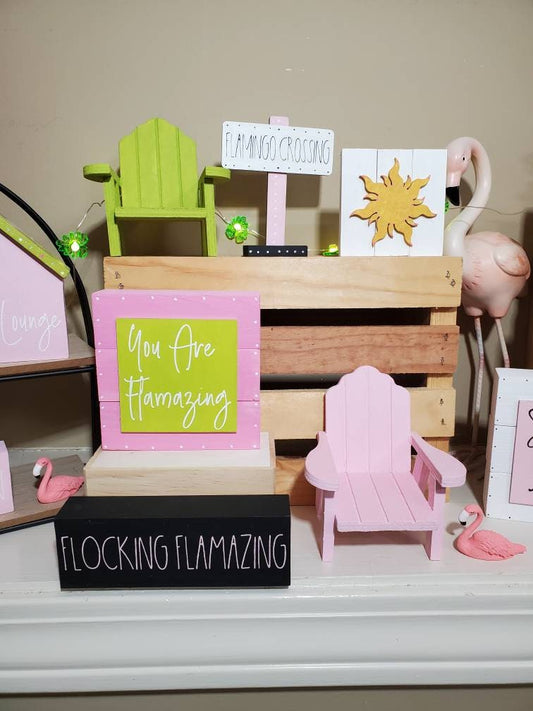Flamingo Tiered Tray Decor Set – Hand-Painted Pink & Lime Green Coastal Charm with 3D Accents & Glitter Details