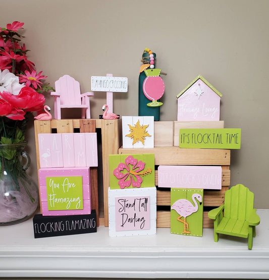 Flamingo Tiered Tray Decor Set – Hand-Painted Pink & Lime Green Coastal Charm with 3D Accents & Glitter Details