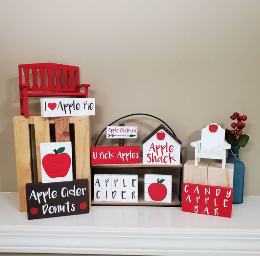 Apple Orchard Tiered Tray Decor – Red & White Fall Mini Signs, Apple Cider Donuts, Adirondack Chair, Kitchen Shelf Sitters