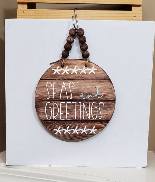 Seas and Greetings Wood Sign – Coastal Christmas Decor with Wood Bead Hanger