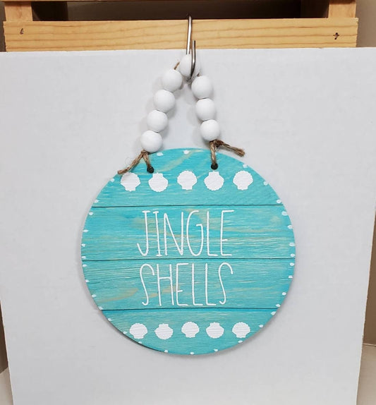 Jingle Shells Aqua Wood Sign – Coastal Christmas Decor with Wood Bead Hanger