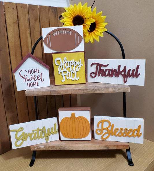 Fall Tiered Tray Decor – Burgundy & Gold 3D Wood Signs, Hand Painted Autumn Shelf Sitters