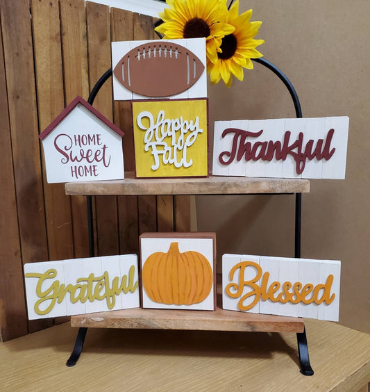 Fall Tiered Tray Decor – Burgundy & Gold 3D Wood Signs, Hand Painted Autumn Shelf Sitters