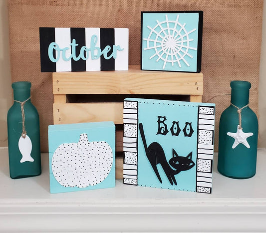 Beach Halloween Tiered Tray Decor – Aqua, Black & White 3D Spooky Signs for Coastal Halloween Styling