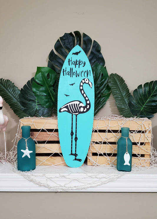 Skeleton Flamingo Surfboard Sign – Hand-Painted Aqua & Black Halloween Door or Wall Decor