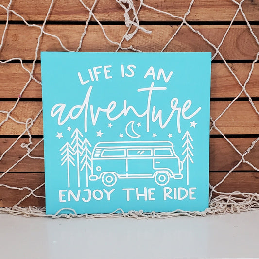 Life Is an Adventure, Enjoy the Ride Beach Bus Sign – Hand-Painted Coastal Wall Art for Beach Lovers