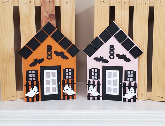 Pink Halloween Mini House Decor – Hand-Painted Shelf Sitters with Ghosts, Bats, and BOO Details