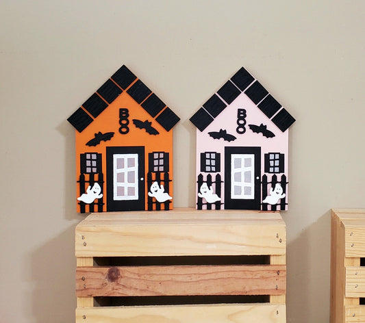 Pink Halloween Mini House Decor – Hand-Painted Shelf Sitters with Ghosts, Bats, and BOO Details