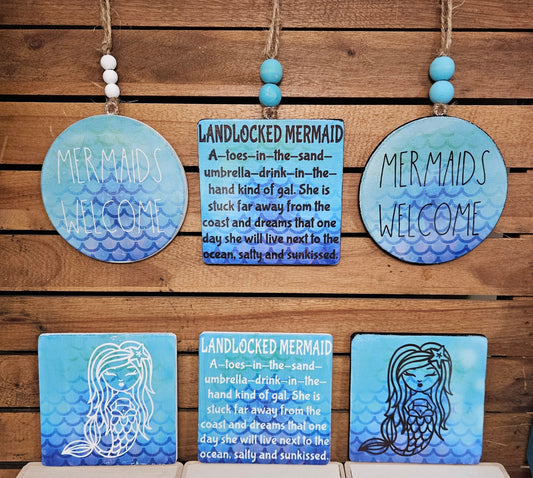 Mermaid Ornaments & Mini Signs – 4" Printed Wood Decor