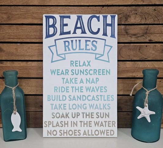 Beach Rules Wood Sign – Hand-Painted Coastal Wall Art (7x12) for Beach House or Tiki Bar